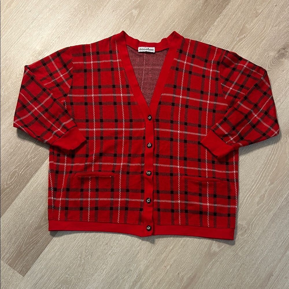 Vintage Women’s Plaid Button Down Cardigan w Pockets